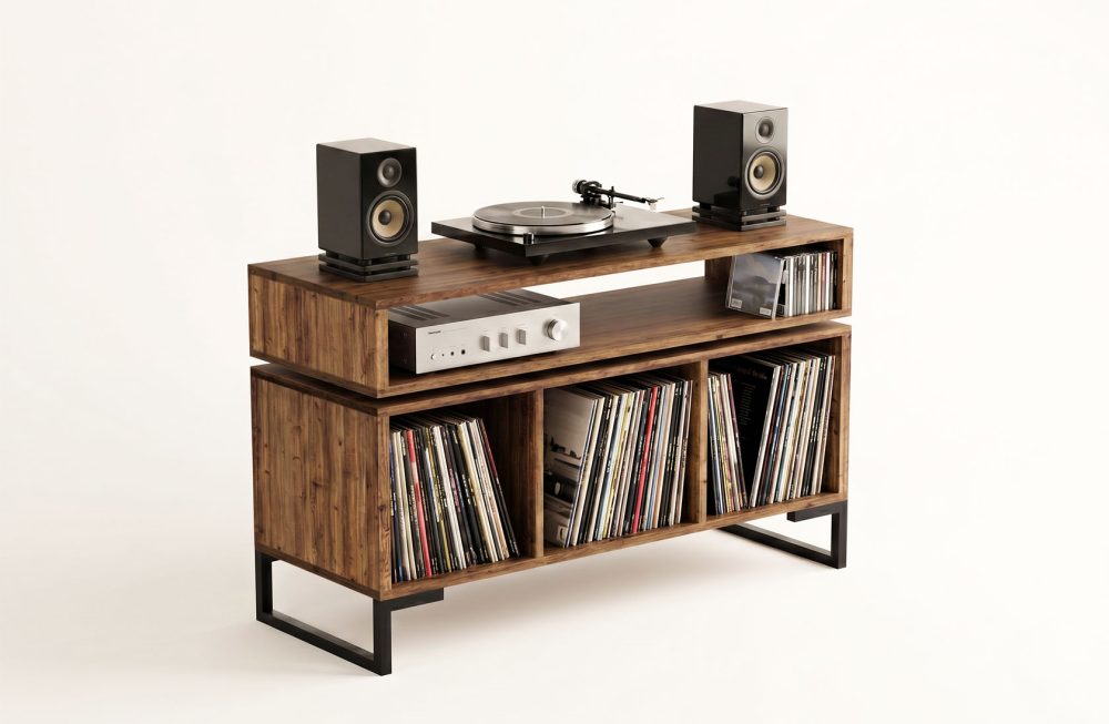 Vinyl record storage cabinet with floating isolation amp shelf