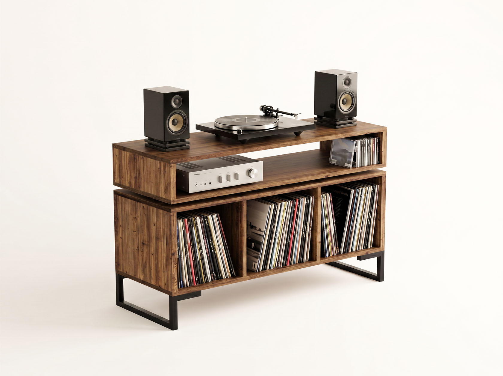 Vinyl record storage cabinet with floating amp shelf turntable unit 1 Vinyl record storage cabinet with floating isolation amp shelf