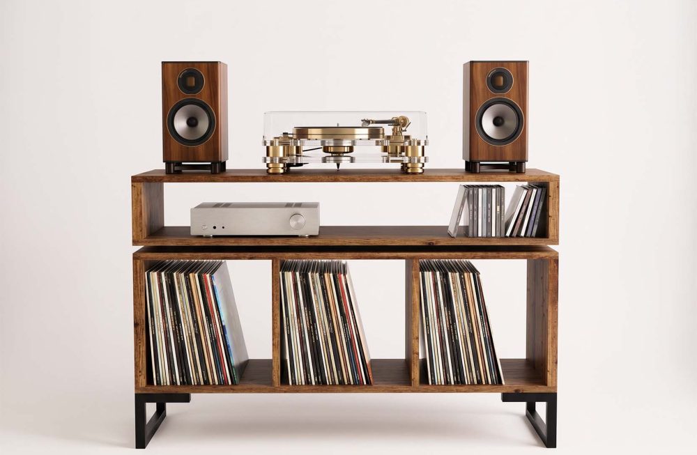 Vinyl record storage cabinet with floating amp shelf turntable unit 2