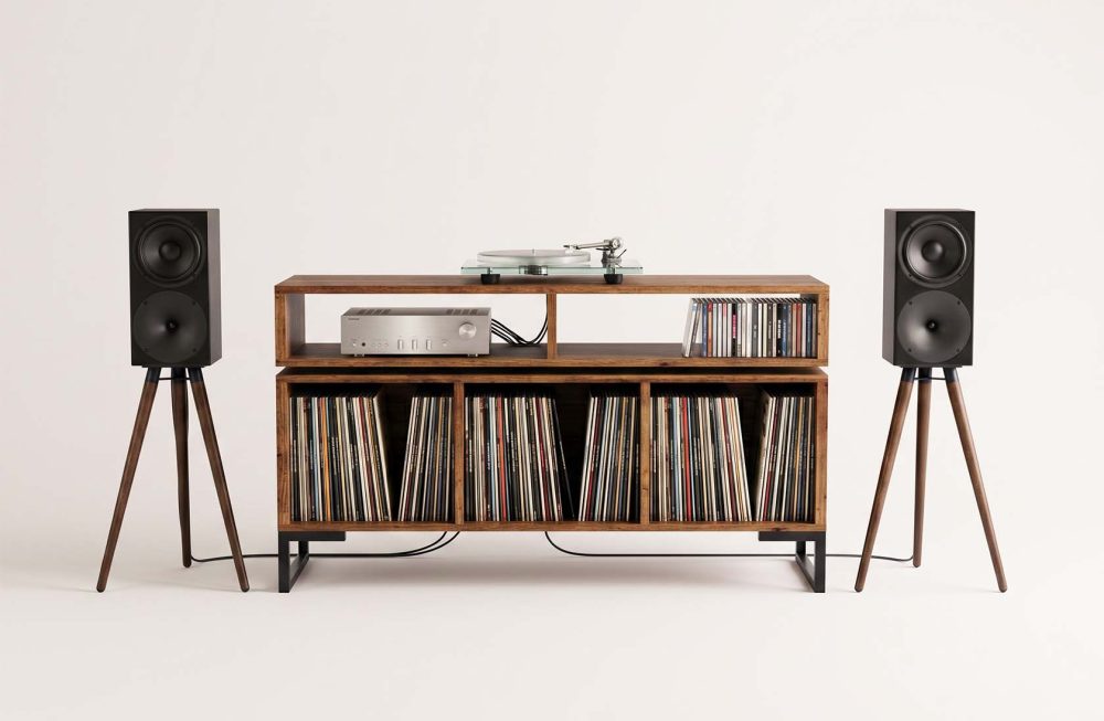 Vinyl record storage cabinet with floating amp shelf turntable unit 3