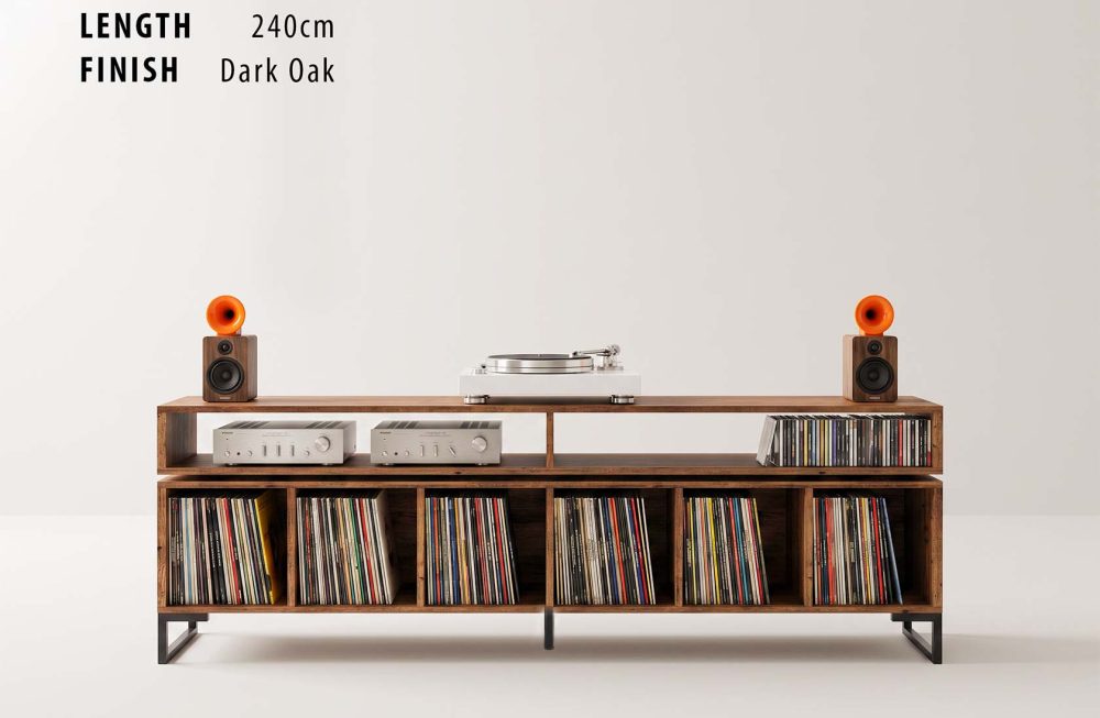 Vinyl record storage cabinet with floating amp shelf turntable unit 4