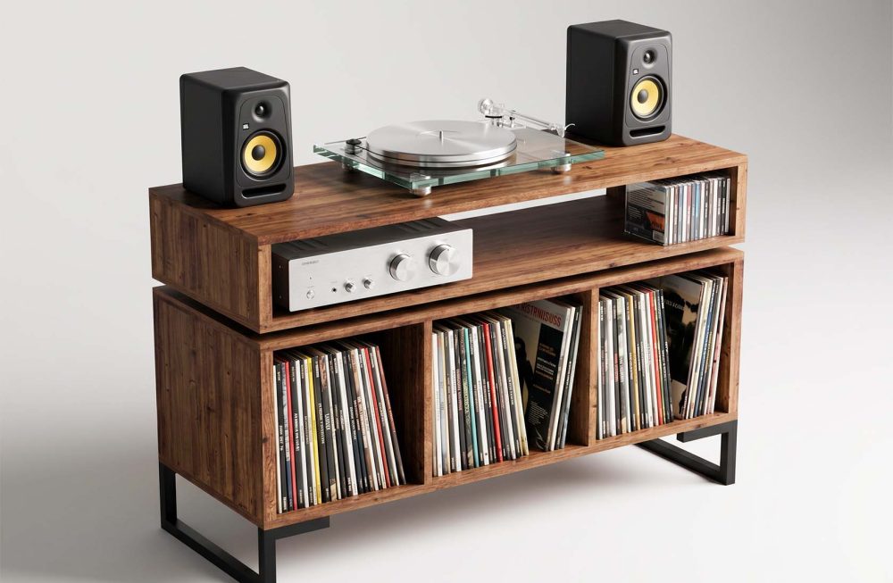 Vinyl record storage cabinet with floating amp shelf turntable unit 5