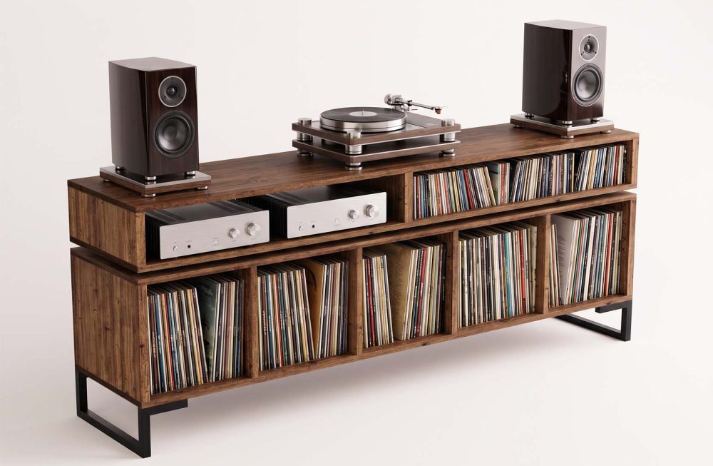 Vinyl record storage cabinet with floating amp shelf turntable unit 6