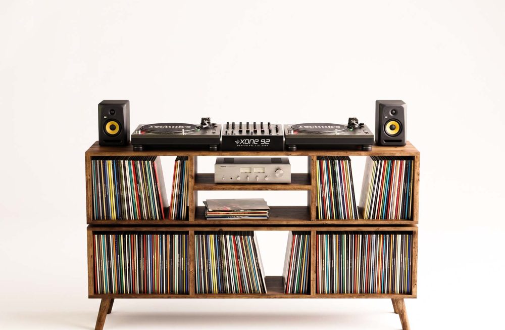 DJ mixing desk with vinyl record storage