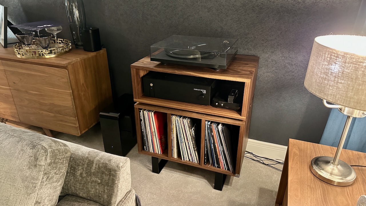 American Black Walnut Vinyl Storage Cabinet with Floating Isolation Amp Shelf photo review
