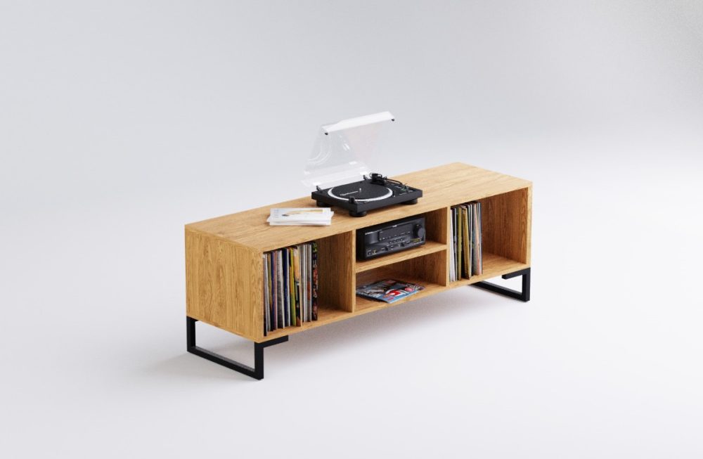 American Oak Vinyl Storage Cabinet / TV Media Sideboard with Amp / Component Shelf