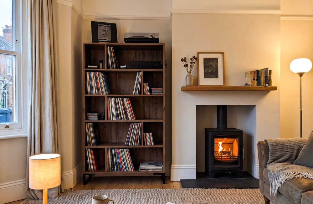 Tall alcove style vinyl record storage cabinet for large collections